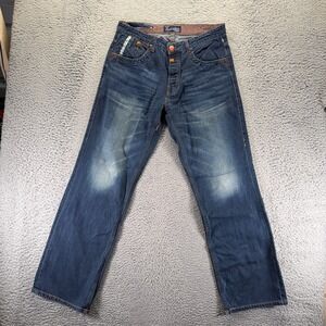 Parish Nation Jeans Mens 34x33 Blue Denim Straight Leg Faded Workwear Button-Fly